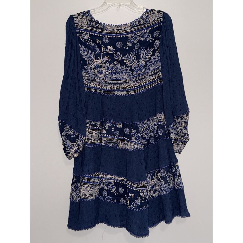 Free People My‎ Love Mini Dress Boho Hippie Balloon Sleeve Blue Floral Patch XS - Picture 3 of 16